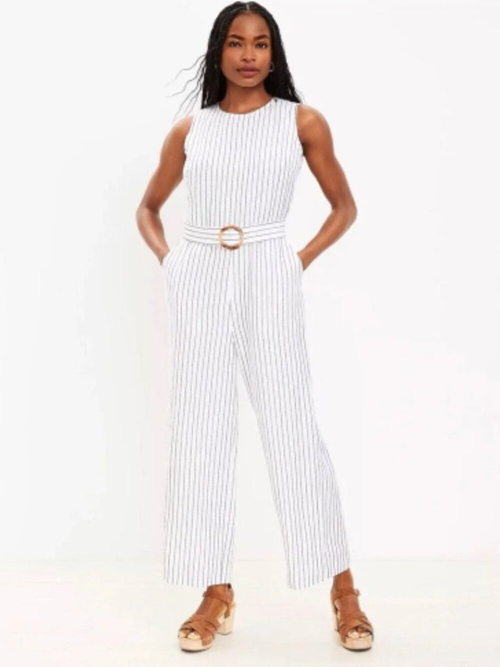 LOFT Belted Striped Jumpsuit Linen Blend Size 0 Pockets